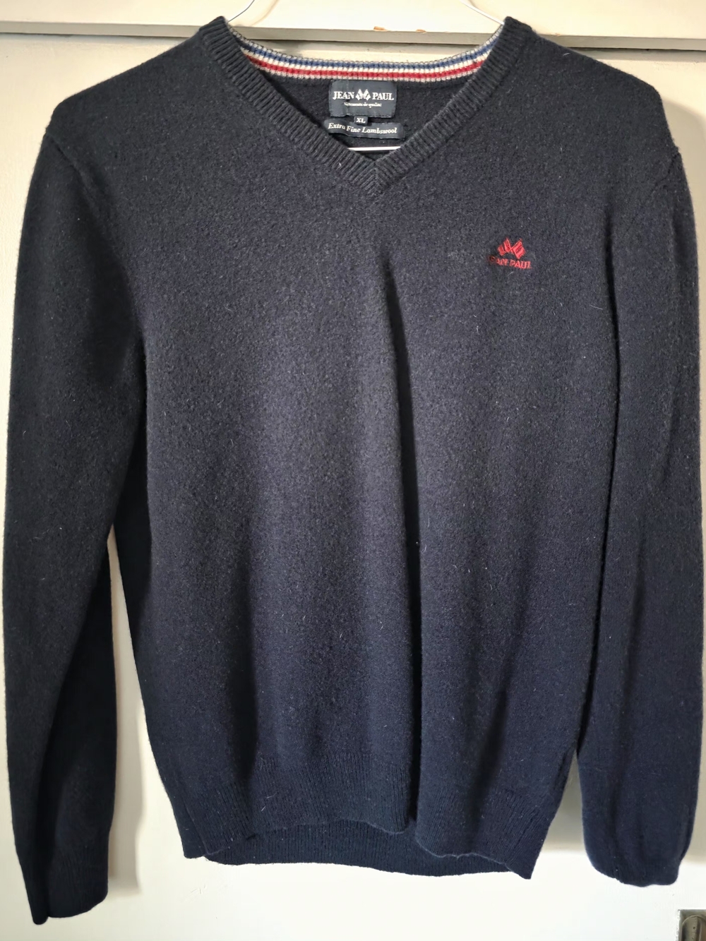 Jean Paul Gaultier-Navy V-Neck Wool Sweater with Red Logo
